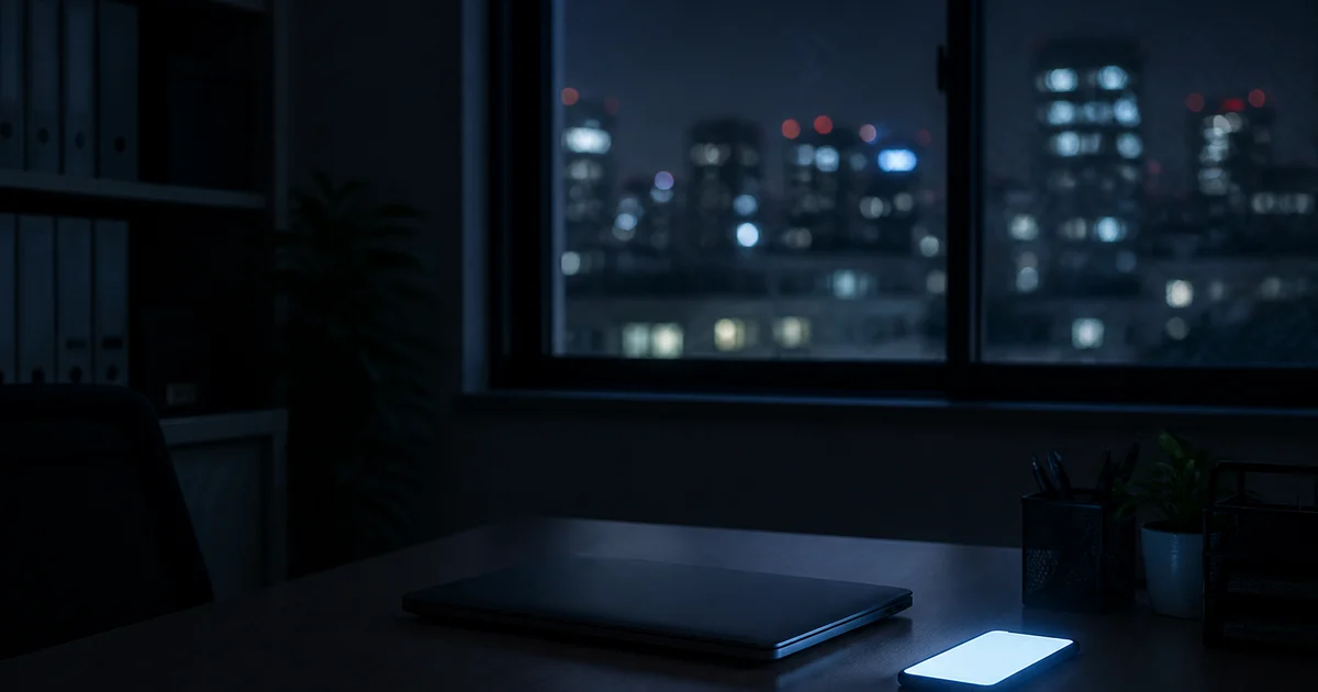 パソコンを閉じた夜のデスクで、AIエージェントだけが動き続けている様子