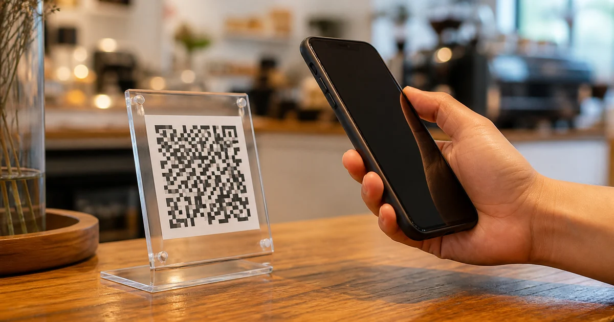 カフェのカウンターに置かれた予約用のQRコードとスマートフォン｜LINE予約のイメージ